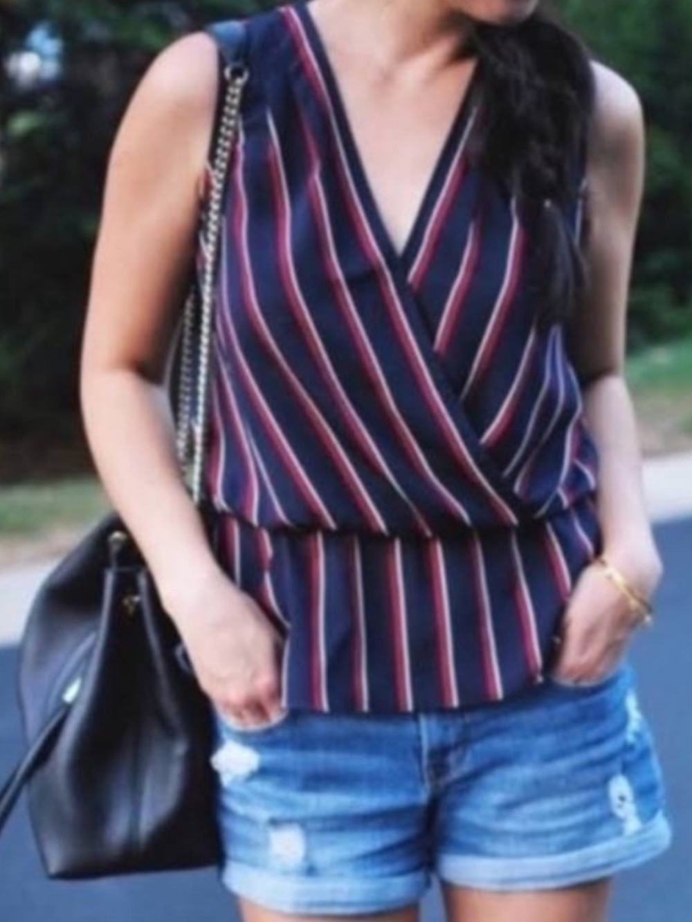 Banana Republic Navy Strip Peplum Wrap-Front Cami